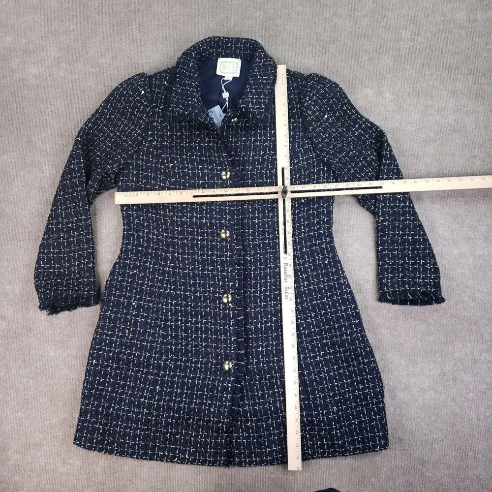 Sail to‎ Sable Tweed Coat Womens Size Large Long Blue Gold Button Front Sequence